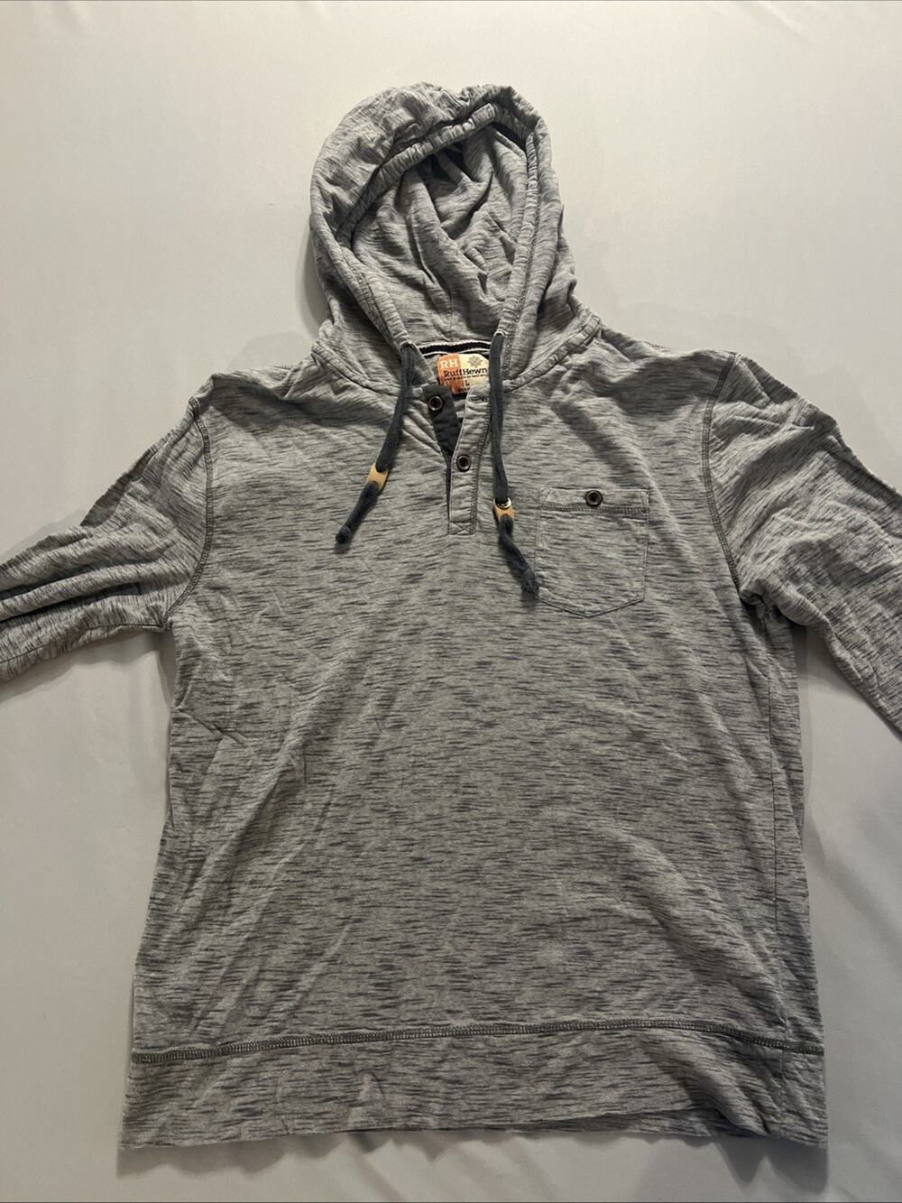 RuffHewn Mens L Gray Heathered Large Henley Hoodie Long Sleeve Pullover Shirt